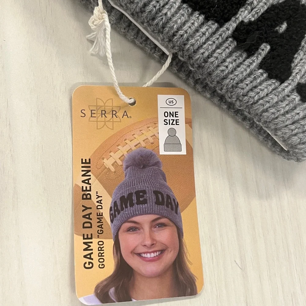 Unisex Game Day knit hat / beanie. Grey w/black embroidery. Faux fur pompon. NWT